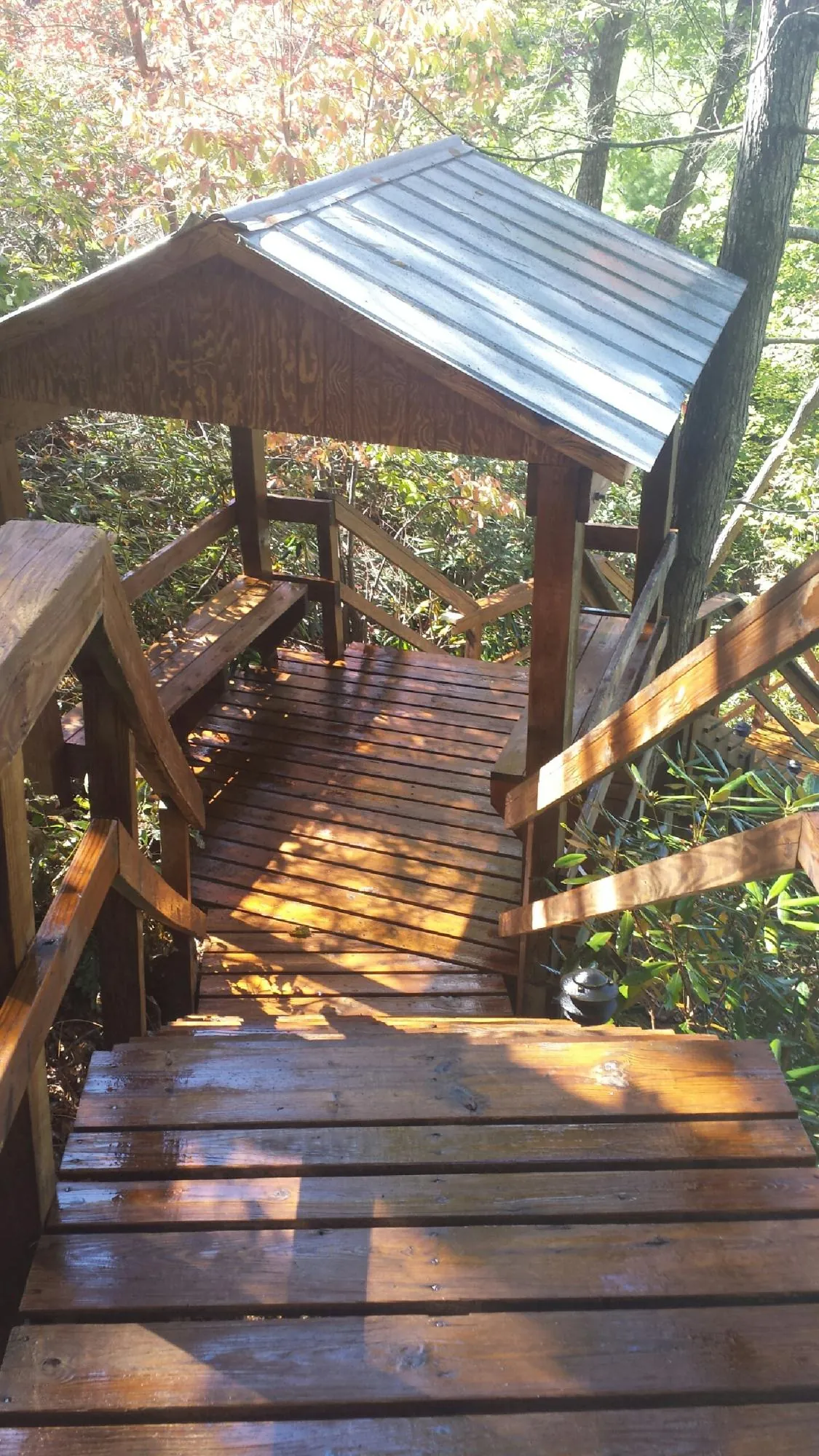 Freshly stained wood walkway and covered shelter with a metal roof in Keller
